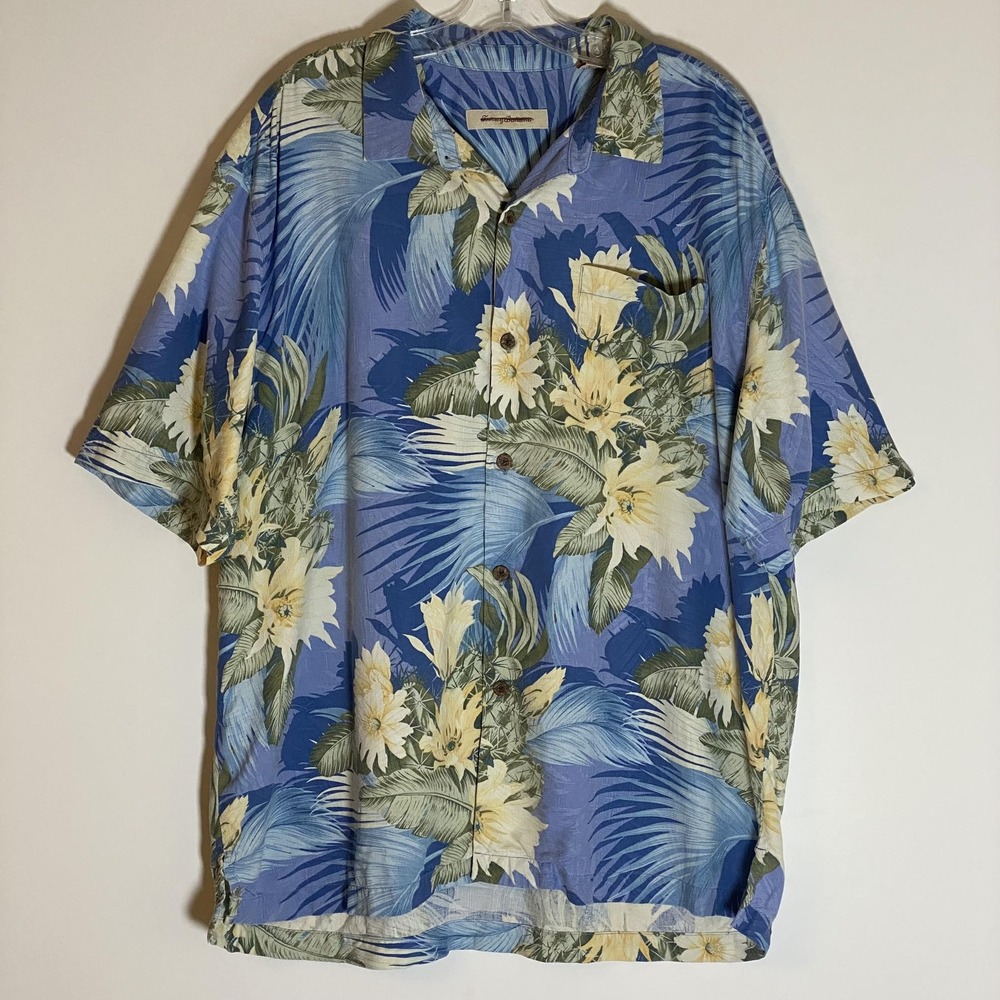 Tommy Bahama Shirt Mens XL Blue Silk Hawaiian Camp‎ Tropical Floral Button Front